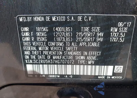 2017 Honda Hr-V Lx from USA, damaged, VIN 3CZRU5H37HG707072
